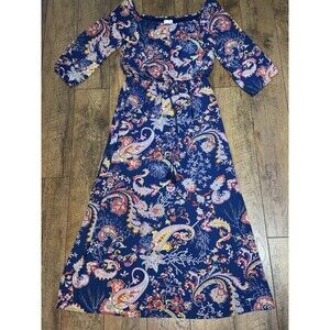 Bisou Bisou Blue Paisley Off-Shoulder Boho Maxi Dress Chiffon Summer Sz 2